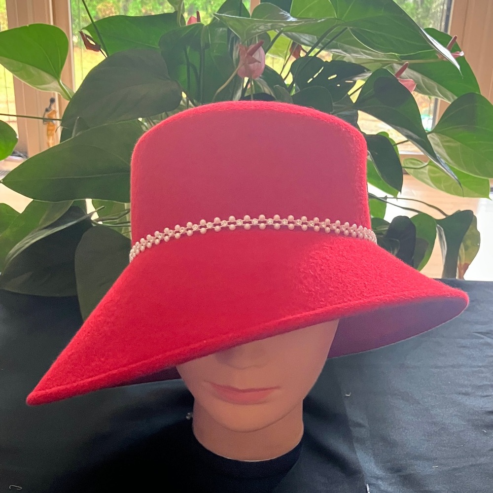 Chic Red Wool Wide-Brim Hat with White Pearl Rhinestone Band